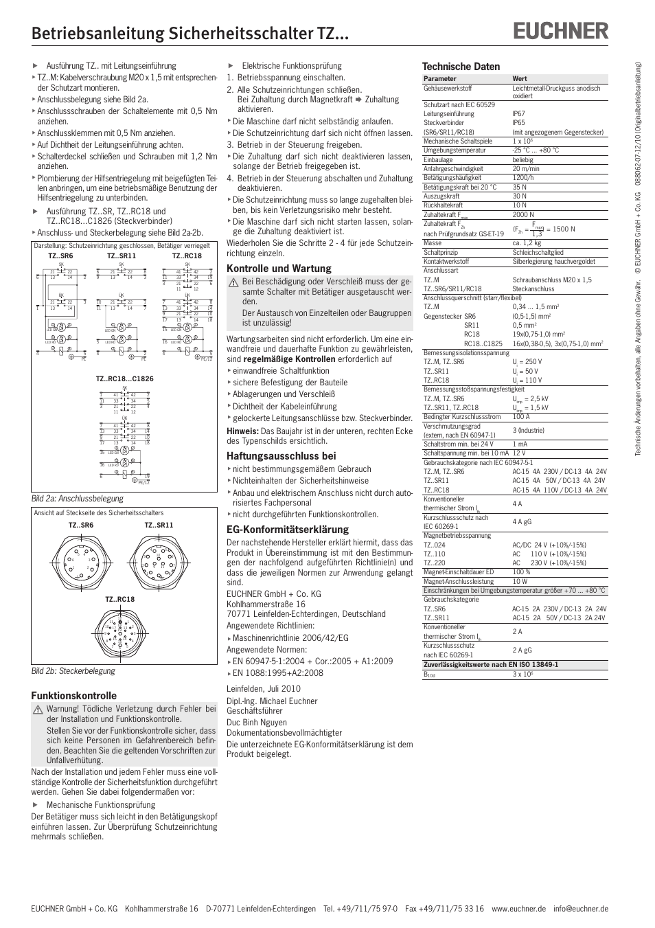 Betriebsanleitung sicherheitsschalter tz, Kontrolle und wartung, Haftungsausschluss bei | Eg-konformitätserklärung, Technische daten, Funktionskontrolle, Bild 2b: steckerbelegung, Fausführung tz.. mit leitungseinführung, Anschlussbelegung siehe bild 2a, Anschlussklemmen mit 0,5 nm anziehen | EUCHNER TZxxx User Manual | Page 2 / 20