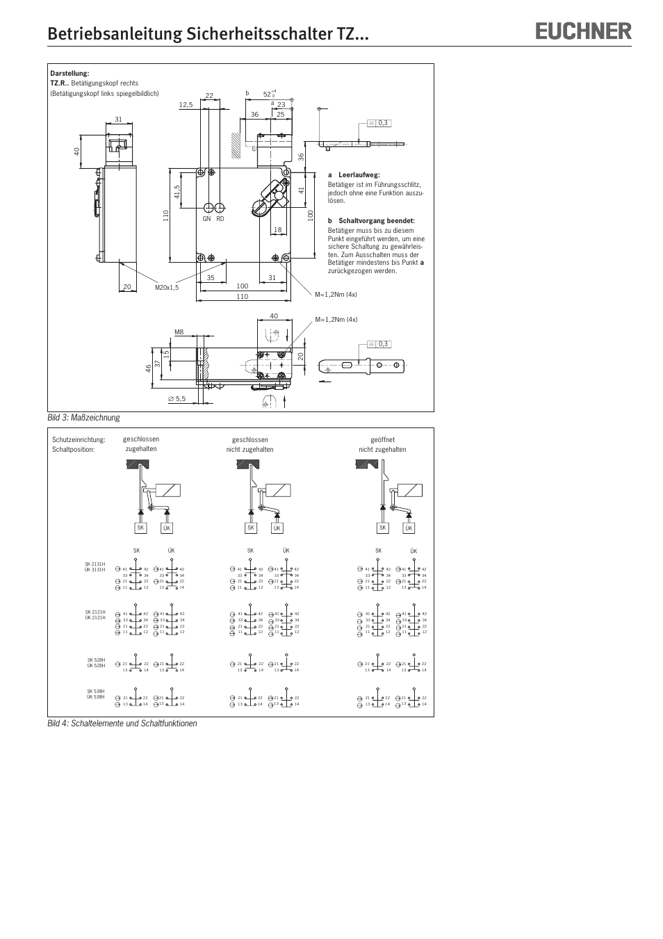 Betriebsanleitung sicherheitsschalter tz, Bild 3: maßzeichnung, Bild 4: schaltelemente und schaltfunktionen | EUCHNER TZxxx User Manual | Page 3 / 20