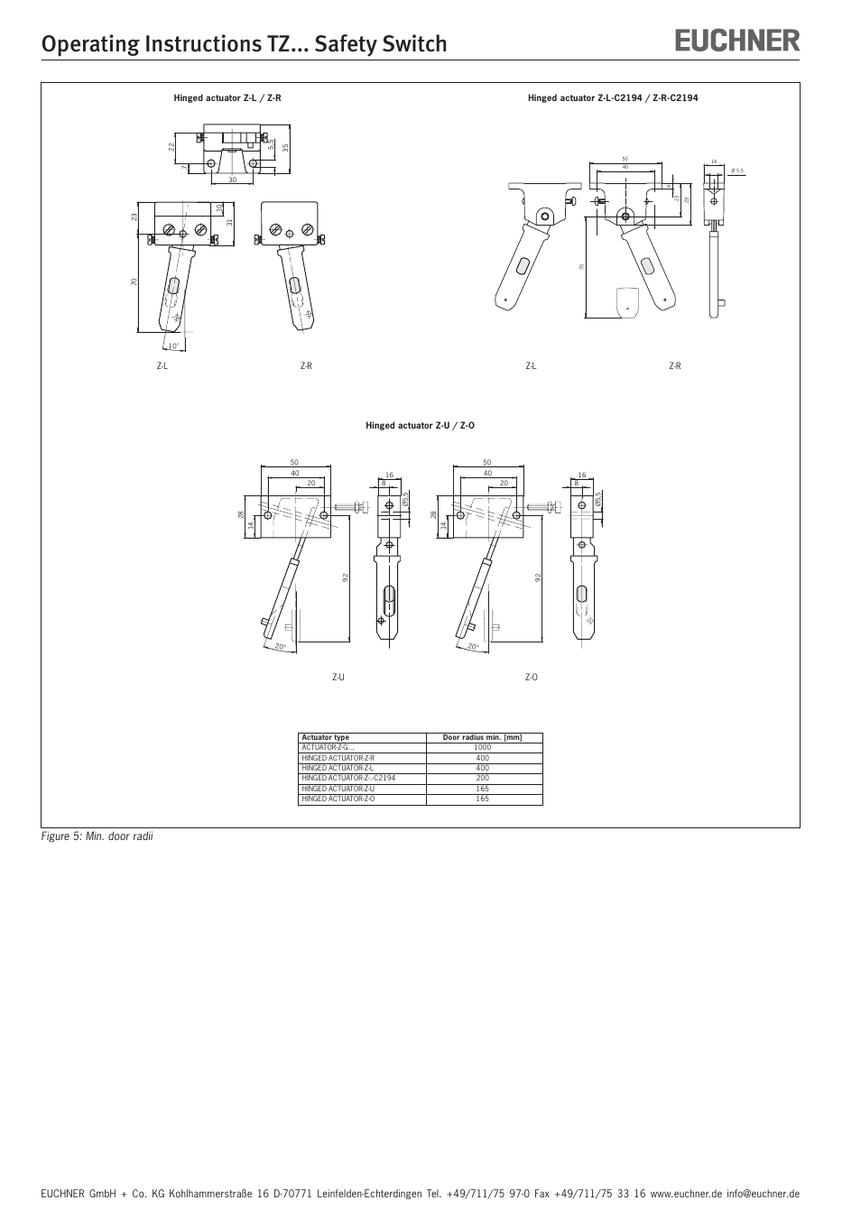 Operating instructions tz... safety switch, Figure 5: min. door radii | EUCHNER TZxxx User Manual | Page 8 / 20