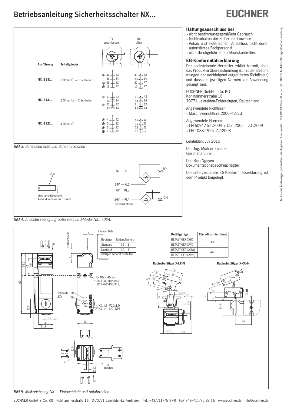 Betriebsanleitung sicherheitsschalter nx, Haftungsausschluss bei, Eg-konformitätserklärung | EUCHNER NXxxx User Manual | Page 2 / 12