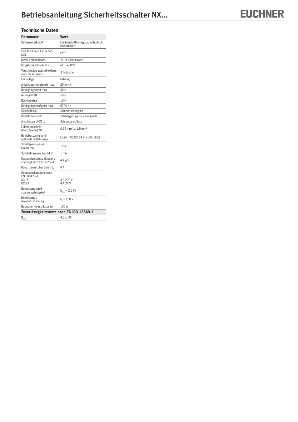 Betriebsanleitung sicherheitsschalter nx, Technische daten | EUCHNER NXxxx User Manual | Page 3 / 12