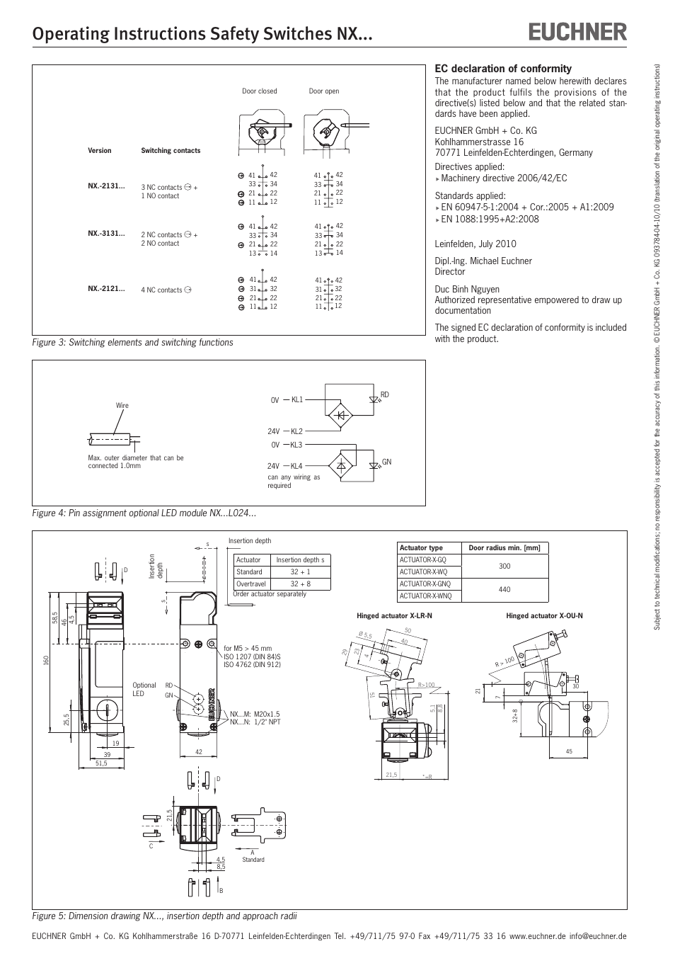 Operating instructions safety switches nx, Ec declaration of conformity | EUCHNER NXxxx User Manual | Page 5 / 12