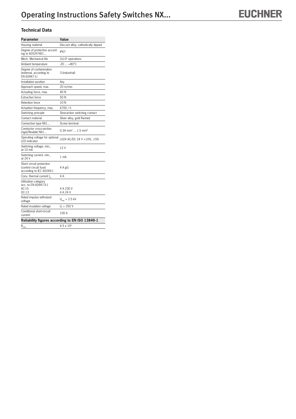 Operating instructions safety switches nx, Technical data | EUCHNER NXxxx User Manual | Page 6 / 12