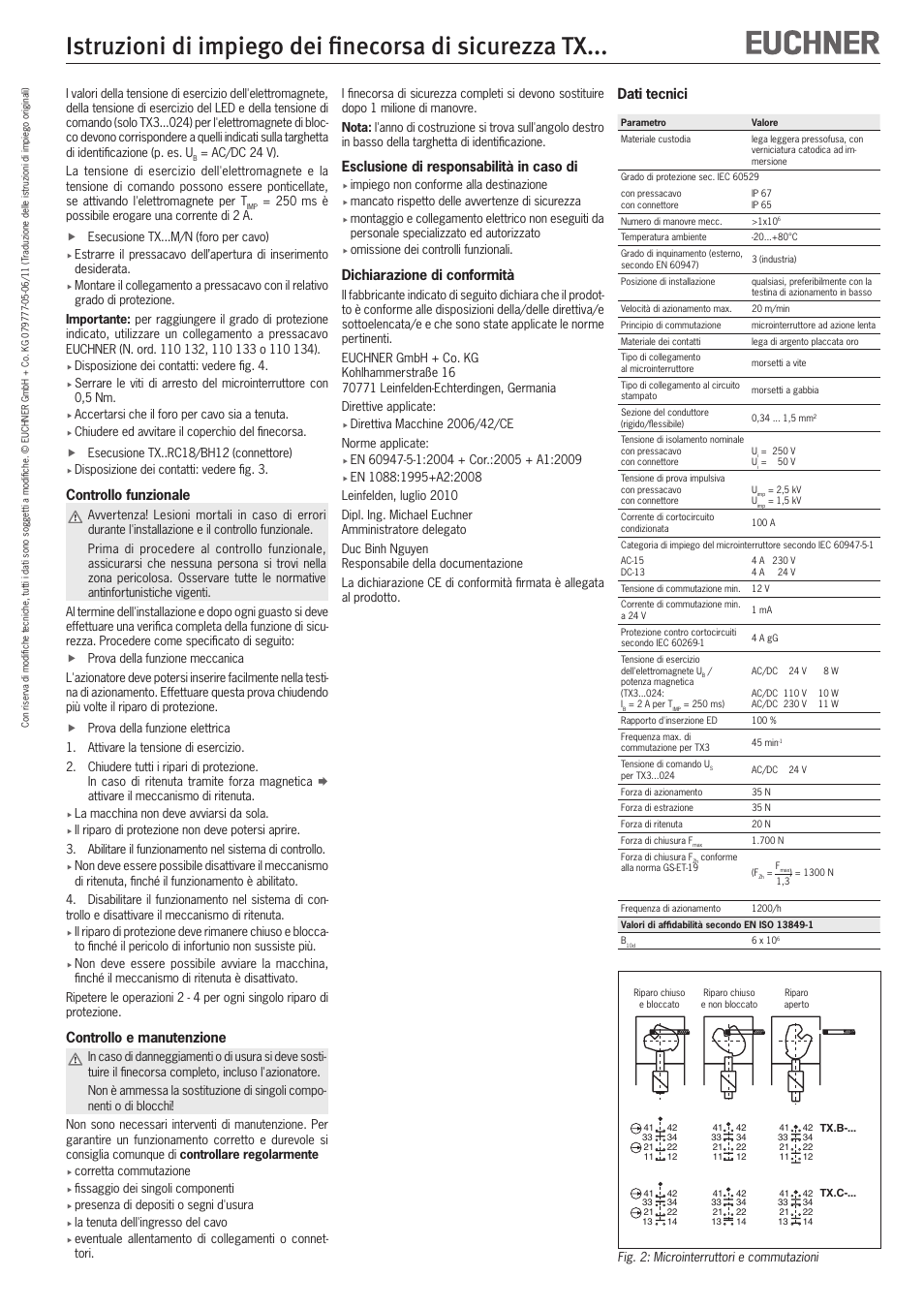 Esclusione di responsabilità in caso di, Dichiarazione di conformità, Controllo funzionale | Controllo e manutenzione, Dati tecnici | EUCHNER TXxxx User Manual | Page 11 / 12