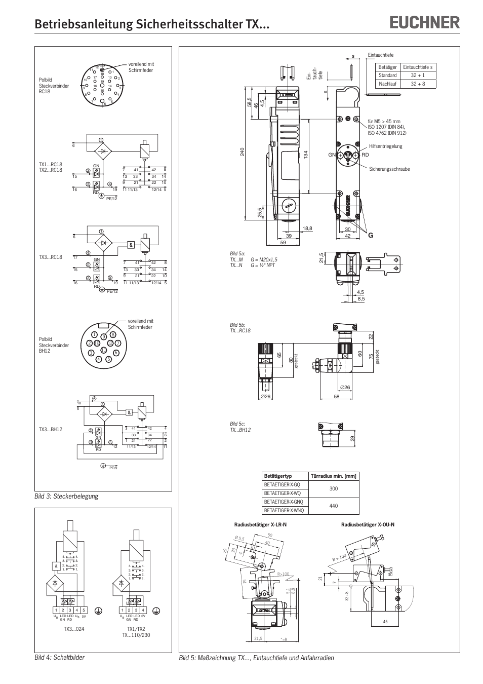 Betriebsanleitung sicherheitsschalter tx, Bild 3: steckerbelegung, Bild 4: schaltbilder | EUCHNER TXxxx User Manual | Page 3 / 12