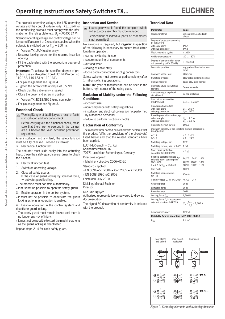Operating instructions safety switches tx, Inspection and service, Declaration of conformity | Functional check, Technical data | EUCHNER TXxxx User Manual | Page 5 / 12