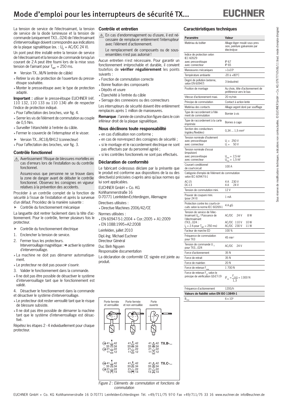 Contrôle et entretien, Nous déclinons toute responsabilité, Déclaration de conformité | Contrôle fonctionnel, Caractéristiques techniques | EUCHNER TXxxx User Manual | Page 8 / 12