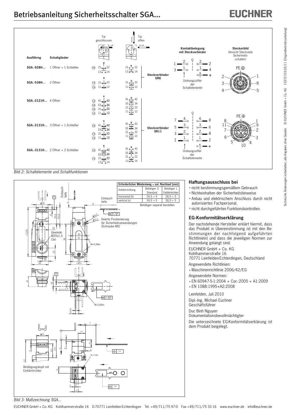 Betriebsanleitung sicherheitsschalter sga, Haftungsausschluss bei, Eg-konformitätserklärung | EUCHNER SGAxxx User Manual | Page 2 / 12