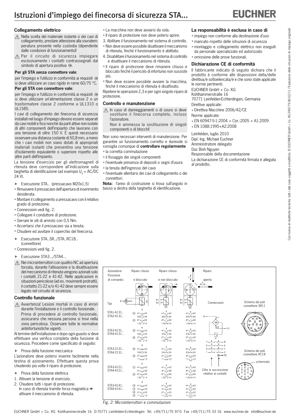 Collegamento elettrico, Controllo funzionale, Controllo e manutenzione | La responsabilità è esclusa in caso di, Dichiarazione ce di conformità | EUCHNER STAxxx User Manual | Page 11 / 15