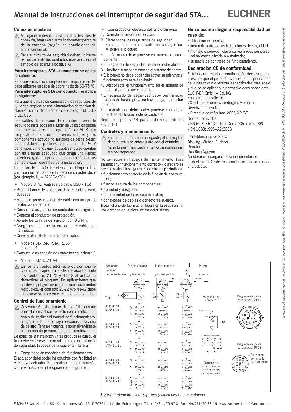 Conexión eléctrica, Control de funcionamiento, Controles y mantenimiento | No se asume ninguna responsabilidad en caso de, Declaración ce de conformidad | EUCHNER STAxxx User Manual | Page 14 / 15