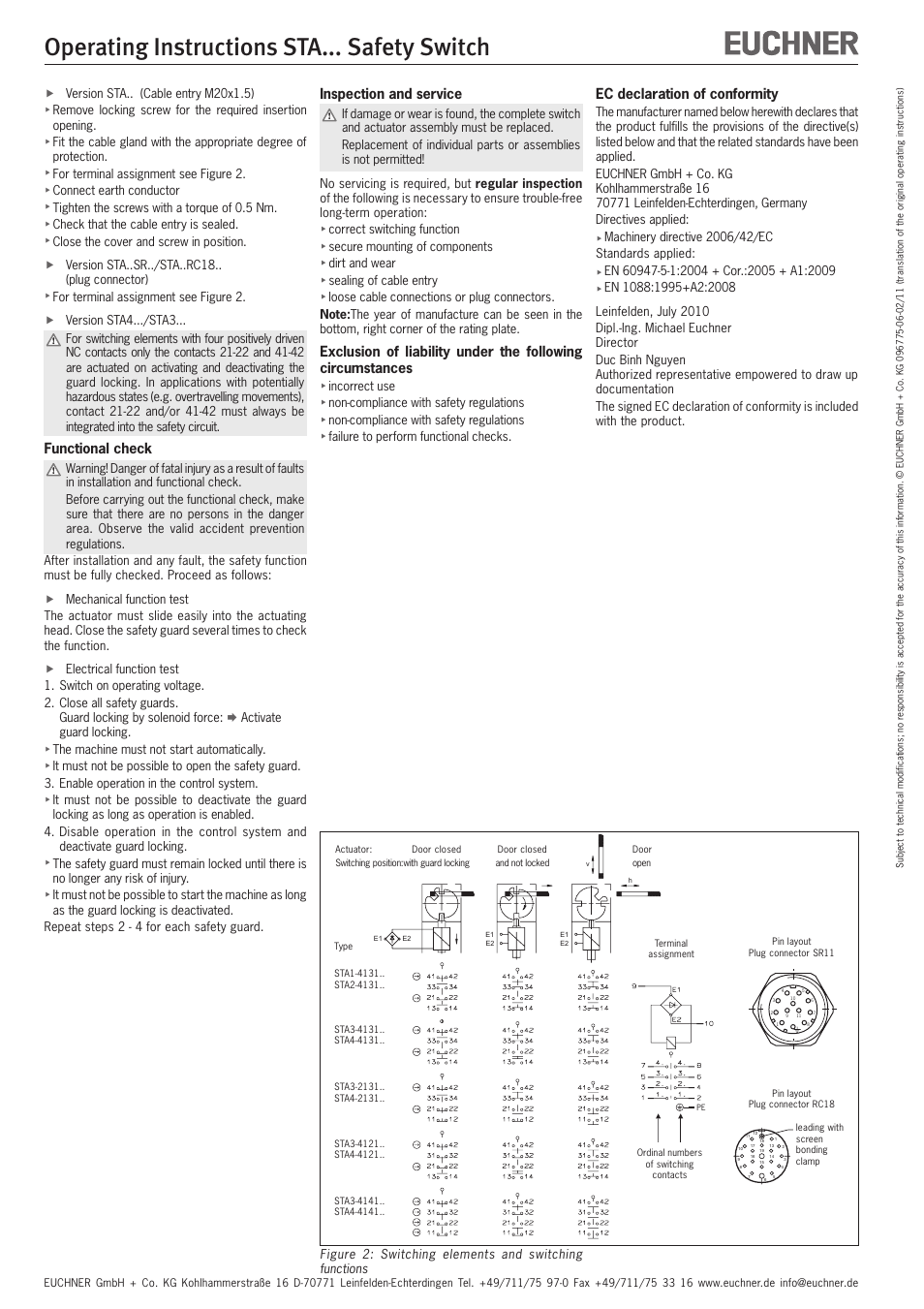 Operating instructions sta... safety switch, Functional check, Inspection and service | Ec declaration of conformity | EUCHNER STAxxx User Manual | Page 5 / 15