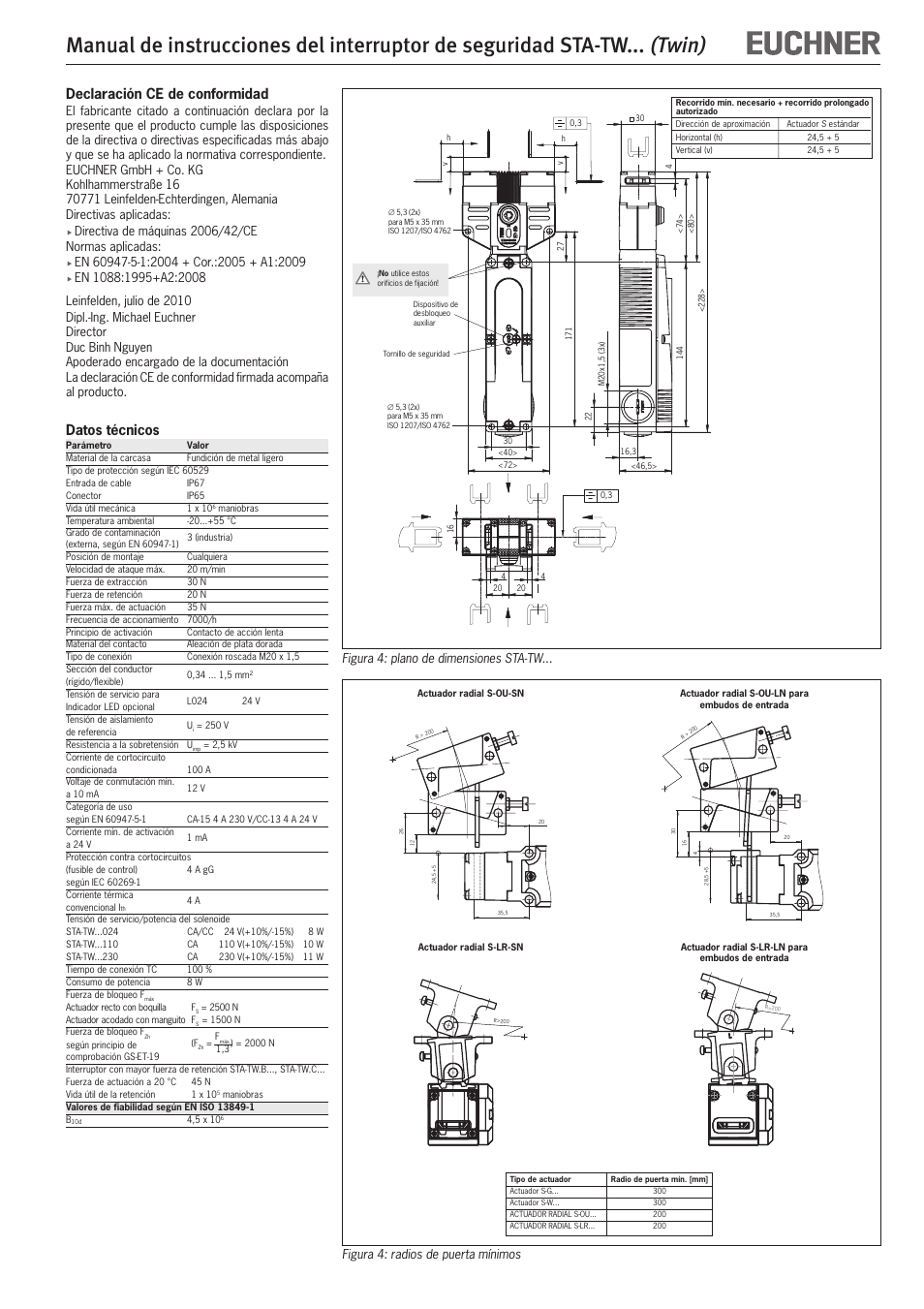 Declaración ce de conformidad, Datos técnicos, Figura 4: plano de dimensiones sta-tw | Figura 4: radios de puerta mínimos | EUCHNER STA-TWxxx (Twin) User Manual | Page 15 / 15