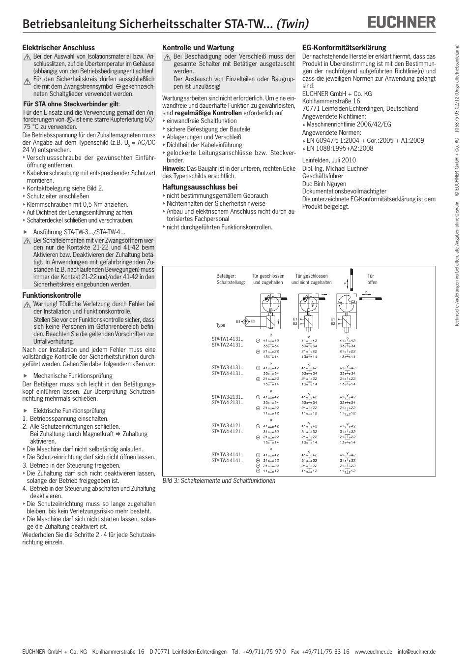 Twin), Betriebsanleitung sicherheitsschalter sta-tw | EUCHNER STA-TWxxx (Twin) User Manual | Page 2 / 15