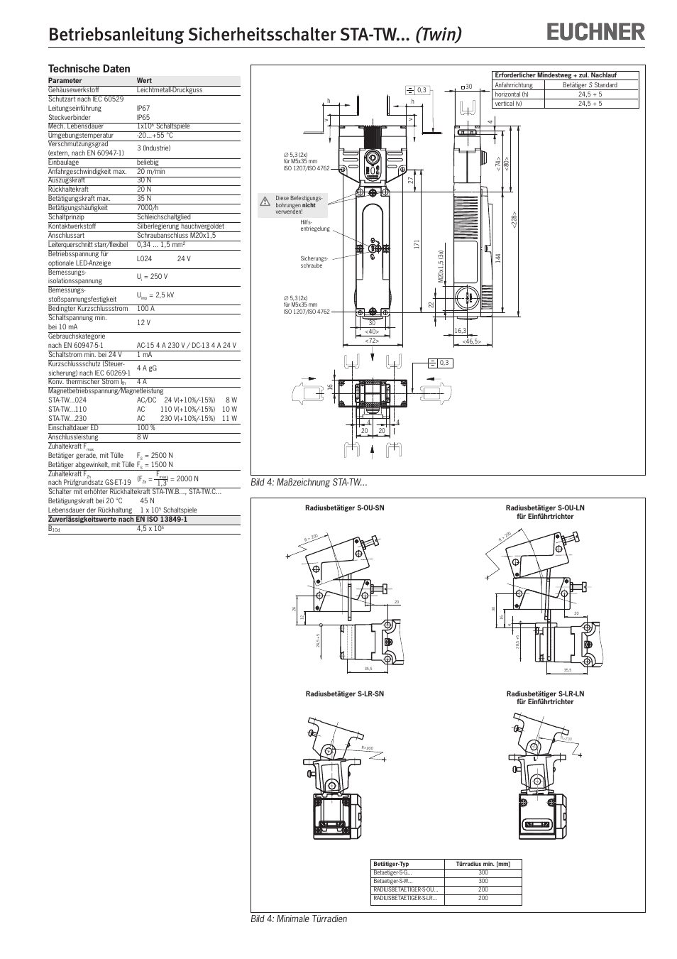 Twin), Betriebsanleitung sicherheitsschalter sta-tw, Technische daten | Bild 4: maßzeichnung sta-tw, Bild 4: minimale türradien | EUCHNER STA-TWxxx (Twin) User Manual | Page 3 / 15
