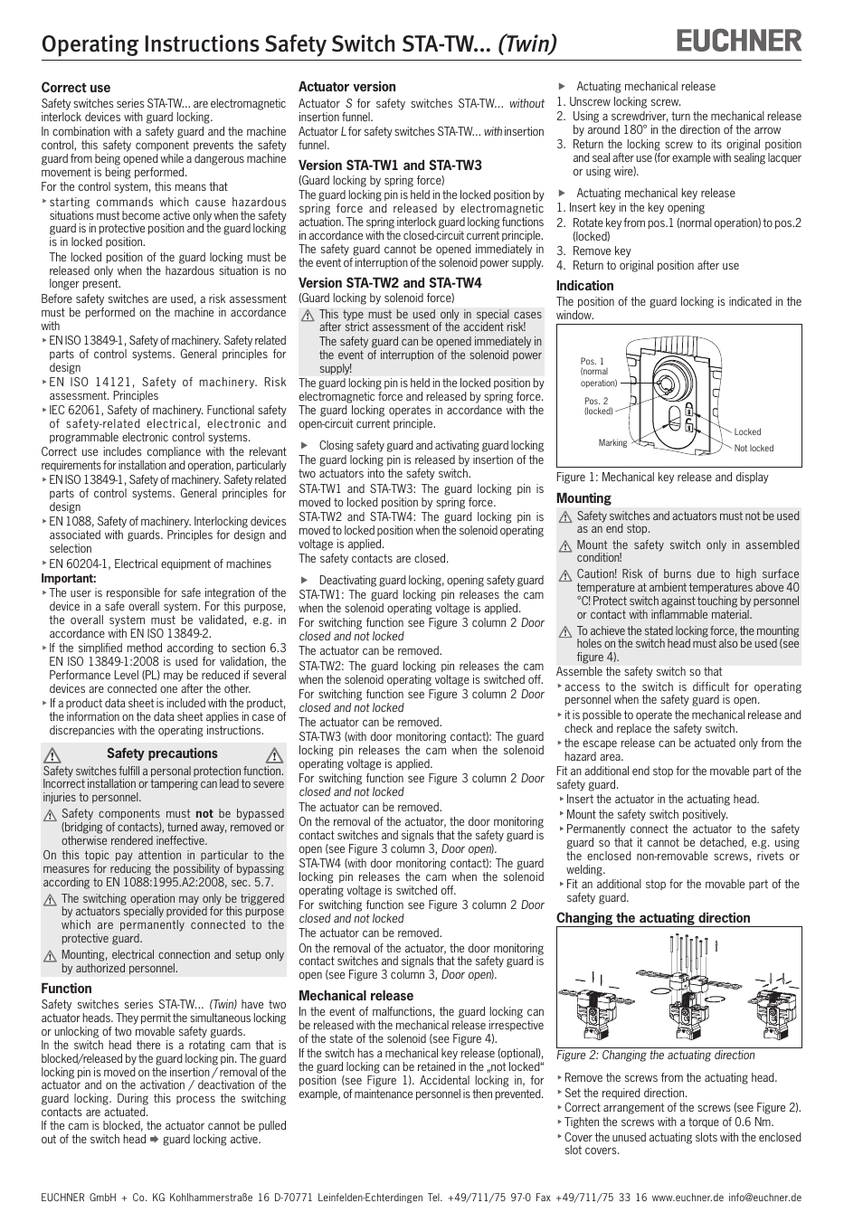 Twin), Operating instructions safety switch sta-tw | EUCHNER STA-TWxxx (Twin) User Manual | Page 4 / 15