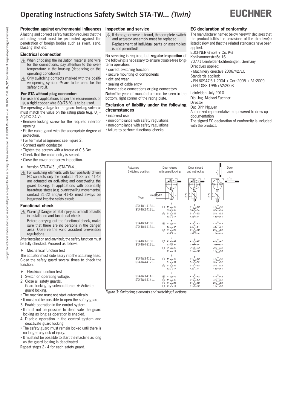 Twin), Operating instructions safety switch sta-tw | EUCHNER STA-TWxxx (Twin) User Manual | Page 5 / 15