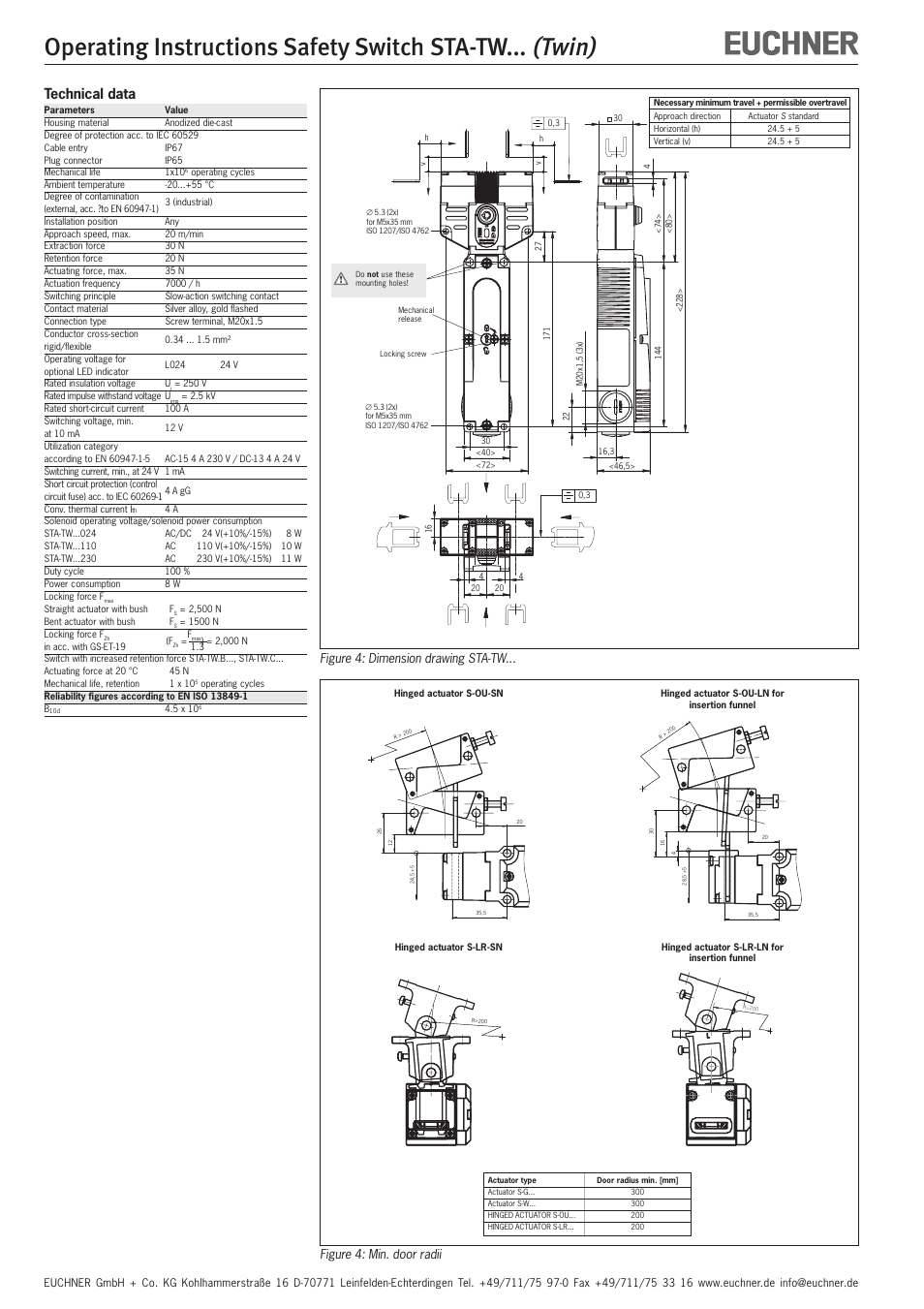 Twin), Operating instructions safety switch sta-tw, Technical data | Figure 4: dimension drawing sta-tw, Figure 4: min. door radii | EUCHNER STA-TWxxx (Twin) User Manual | Page 6 / 15