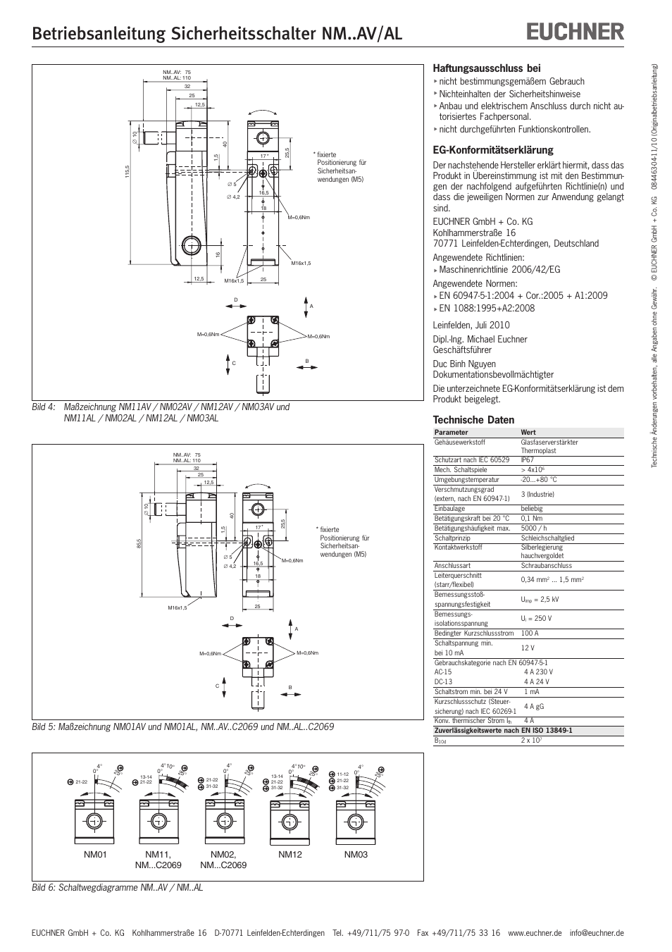 Betriebsanleitung sicherheitsschalter nm..av/al, Haftungsausschluss bei, Eg-konformitätserklärung | Technische daten | EUCHNER NMxxAV/AL User Manual | Page 2 / 8