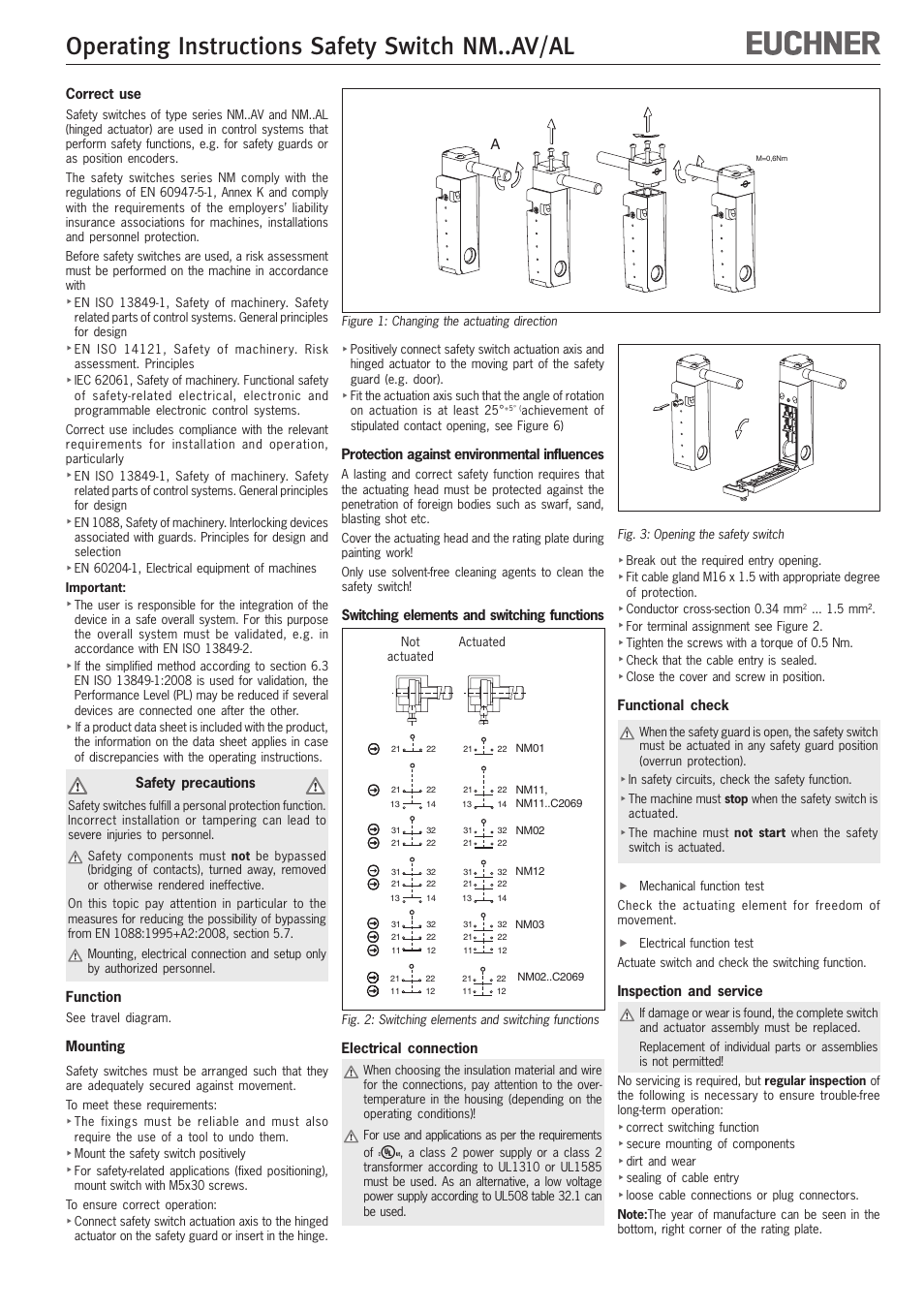Operating instructions safety switch nm..av/al, Correct use, Safety precautions | Function, Mounting, Protection against environmental influences, Switching elements and switching functions, Electrical connection, Functional check, Inspection and service | EUCHNER NMxxAV/AL User Manual | Page 3 / 8