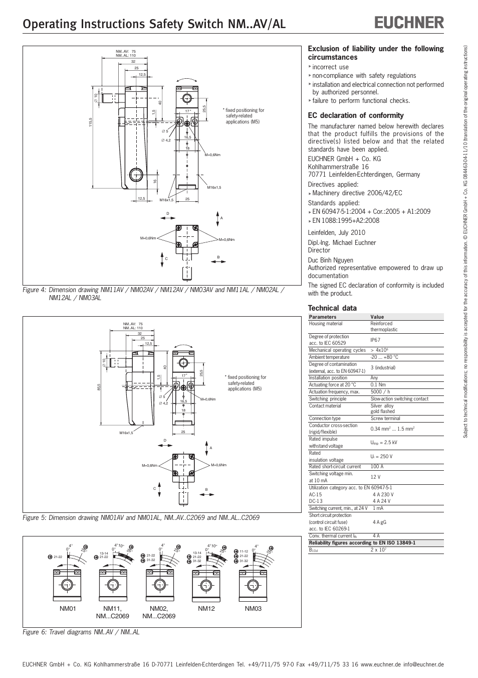 Operating instructions safety switch nm..av/al, Ec declaration of conformity, Technical data | Nm01, Nm12, Nm03 | EUCHNER NMxxAV/AL User Manual | Page 4 / 8