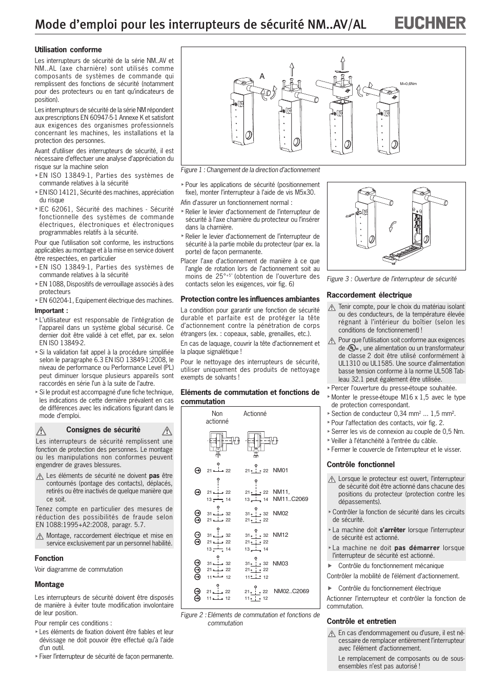 Utilisation conforme, Consignes de sécurité, Fonction | Montage, Protection contre les influences ambiantes, Raccordement électrique, Contrôle fonctionnel, Contrôle et entretien | EUCHNER NMxxAV/AL User Manual | Page 5 / 8