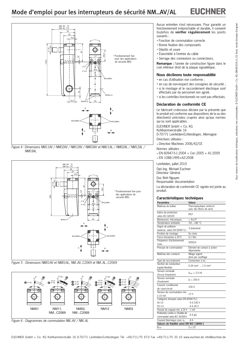 Nous déclinons toute responsabilité, Déclaration de conformité ce, Caractéristiques techniques | Nm01, Nm12, Nm03 | EUCHNER NMxxAV/AL User Manual | Page 6 / 8