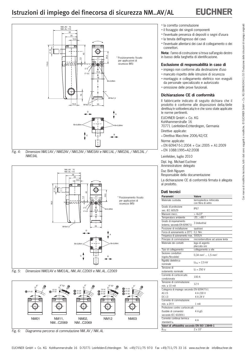 Esclusione di responsabilità in caso di, Dichiarazione ce di conformità, Dati tecnici | Nm01, Nm12, Nm03 | EUCHNER NMxxAV/AL User Manual | Page 8 / 8