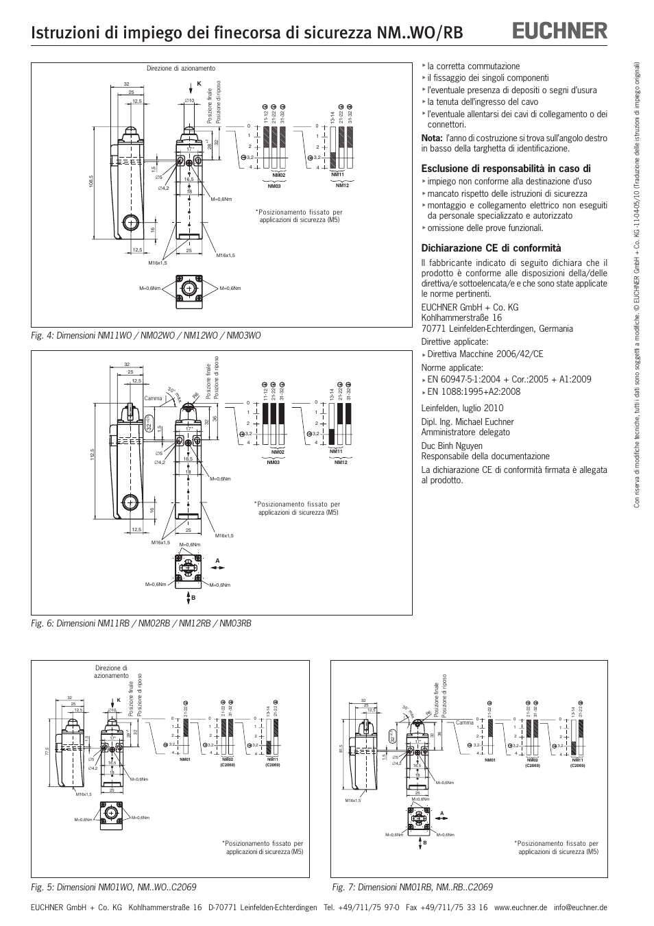 Esclusione di responsabilità in caso di, Dichiarazione ce di conformità | EUCHNER NMxxWO/RB User Manual | Page 11 / 12