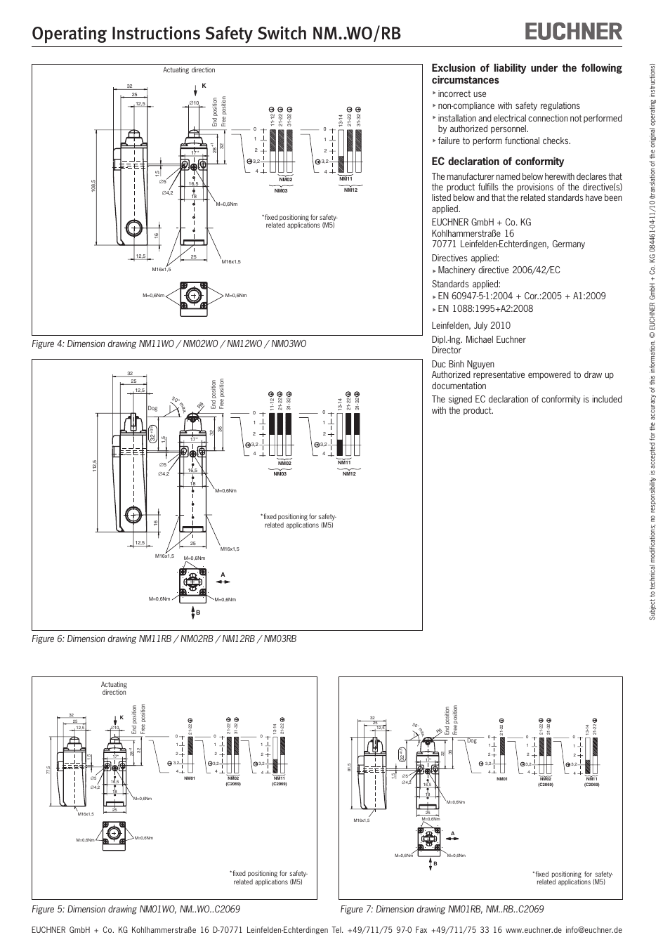 Operating instructions safety switch nm..wo/rb, Ec declaration of conformity | EUCHNER NMxxWO/RB User Manual | Page 5 / 12