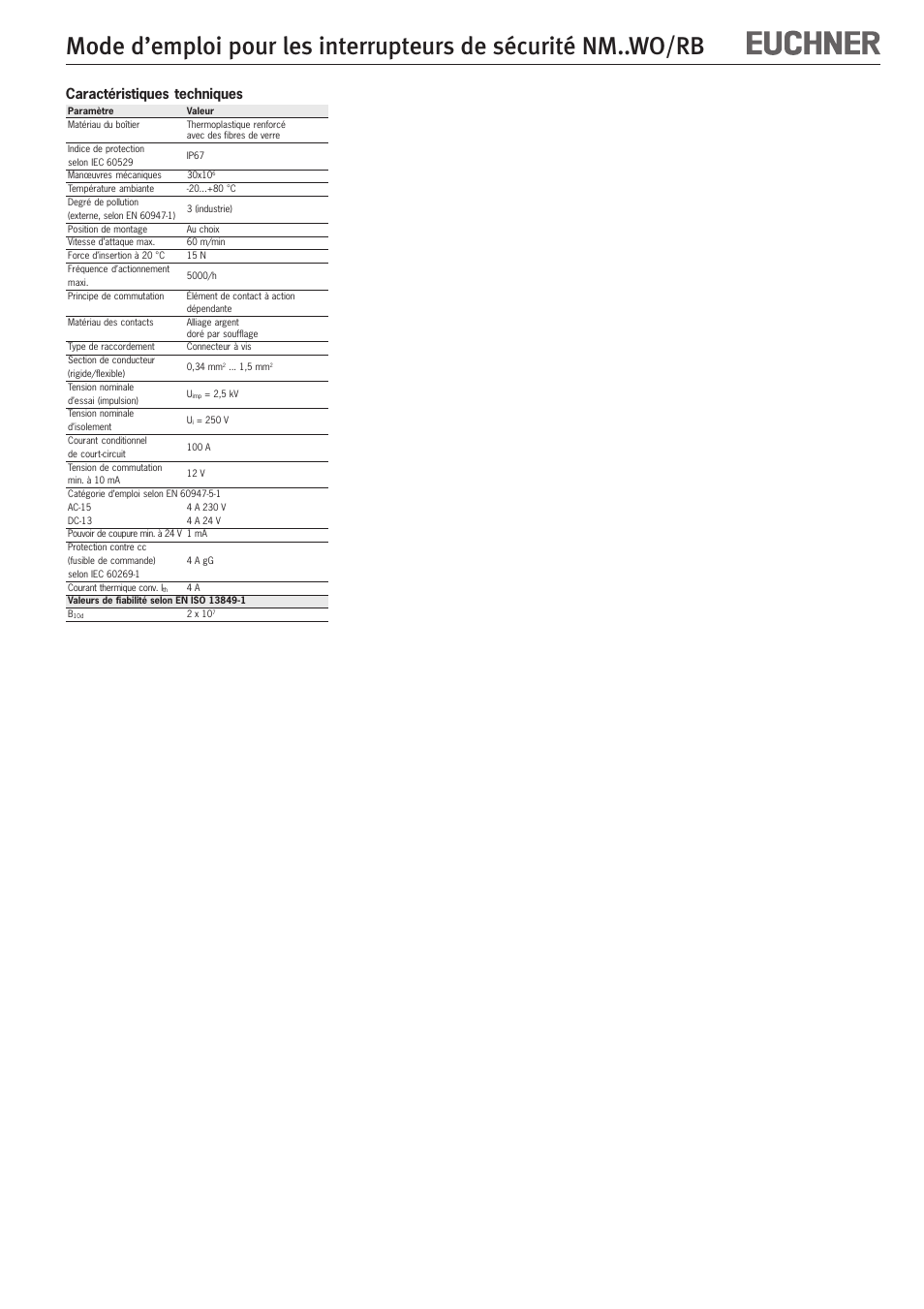 Caractéristiques techniques | EUCHNER NMxxWO/RB User Manual | Page 9 / 12
