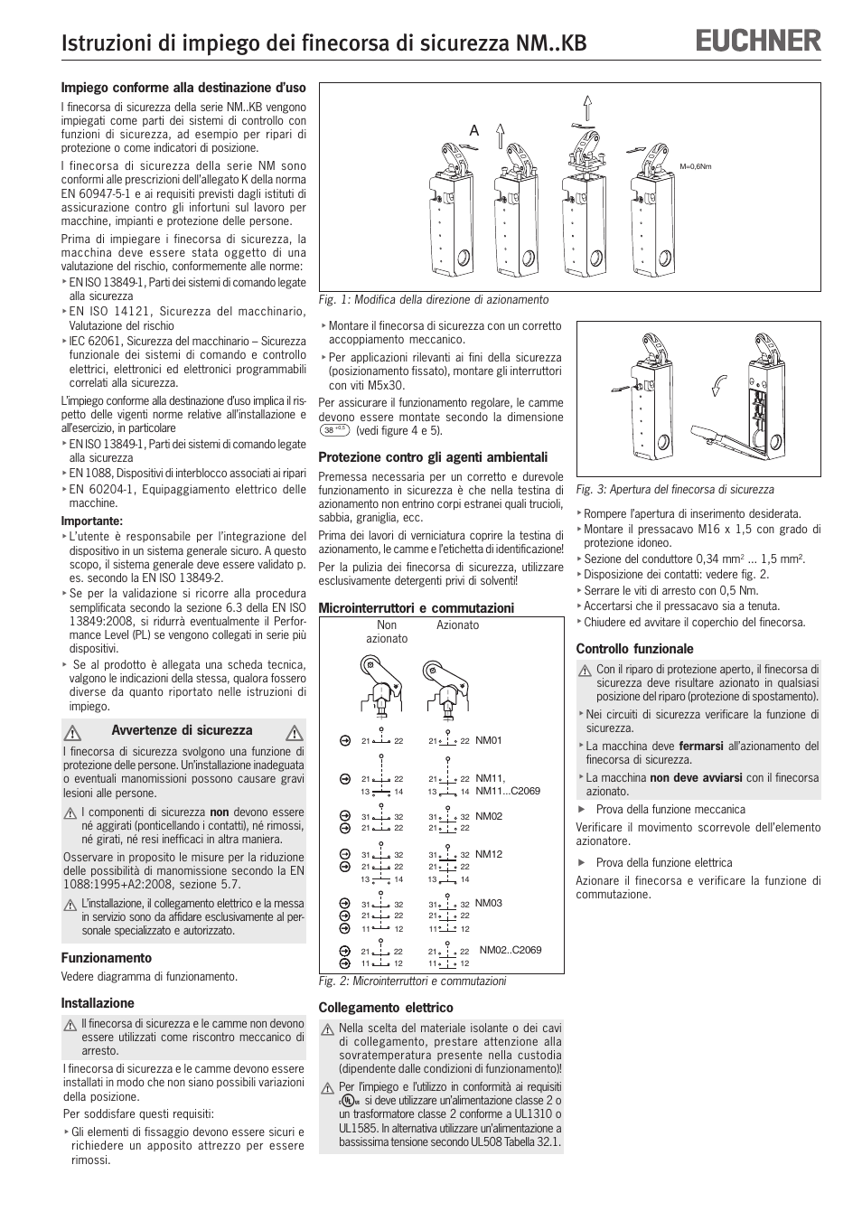 Impiego conforme alla destinazione d’uso, Avvertenze di sicurezza, Funzionamento | Installazione, Protezione contro gli agenti ambientali, Microinterruttori e commutazioni, Collegamento elettrico, Controllo funzionale | EUCHNER NMxxKB User Manual | Page 10 / 12