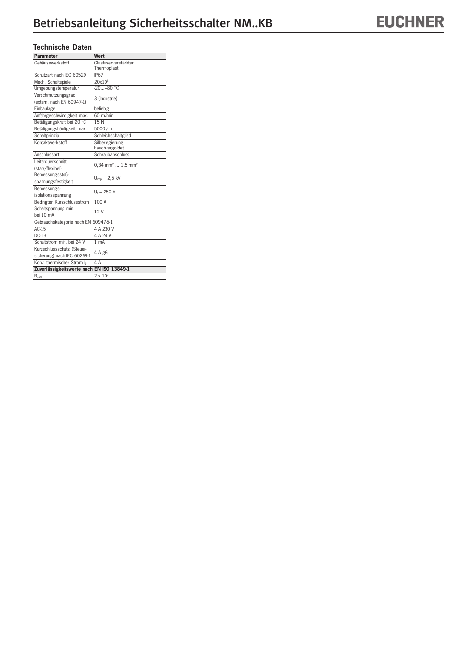 Betriebsanleitung sicherheitsschalter nm..kb, Technische daten | EUCHNER NMxxKB User Manual | Page 3 / 12