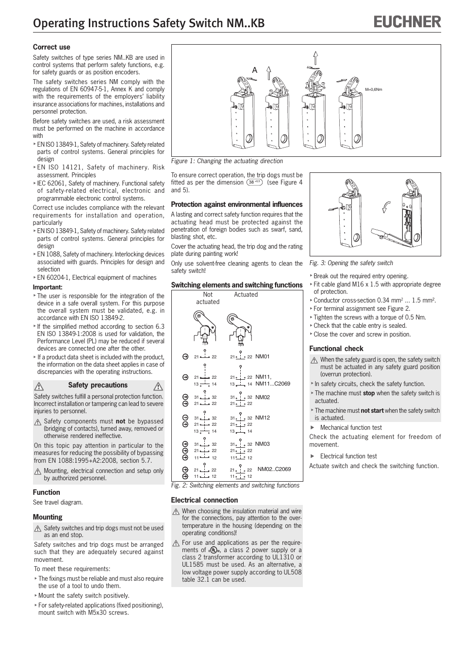 Operating instructions safety switch nm..kb, Correct use, Safety precautions | Function, Mounting, Protection against environmental influences, Switching elements and switching functions, Electrical connection, Functional check | EUCHNER NMxxKB User Manual | Page 4 / 12