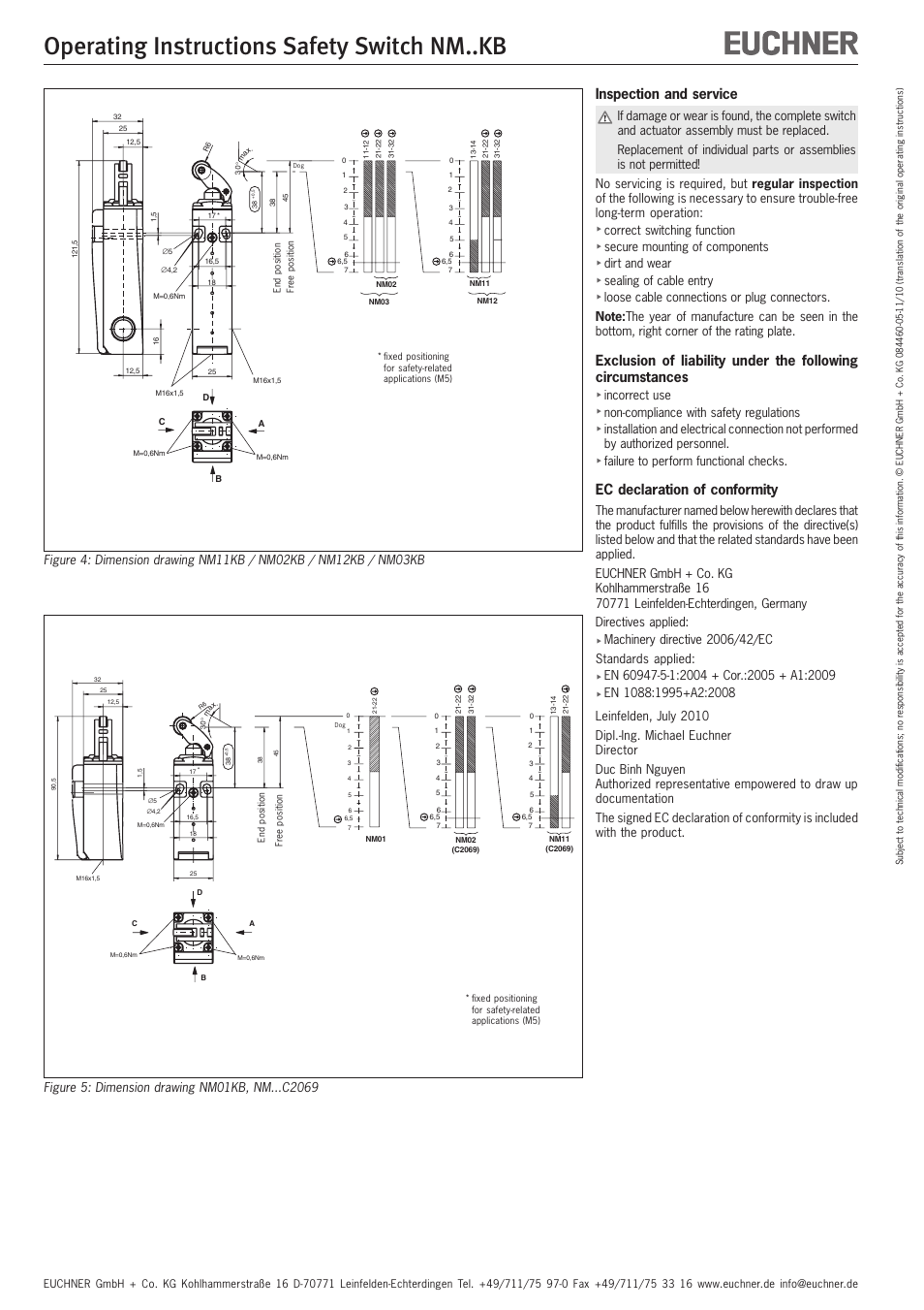 Operating instructions safety switch nm..kb, Inspection and service, Ec declaration of conformity | EUCHNER NMxxKB User Manual | Page 5 / 12