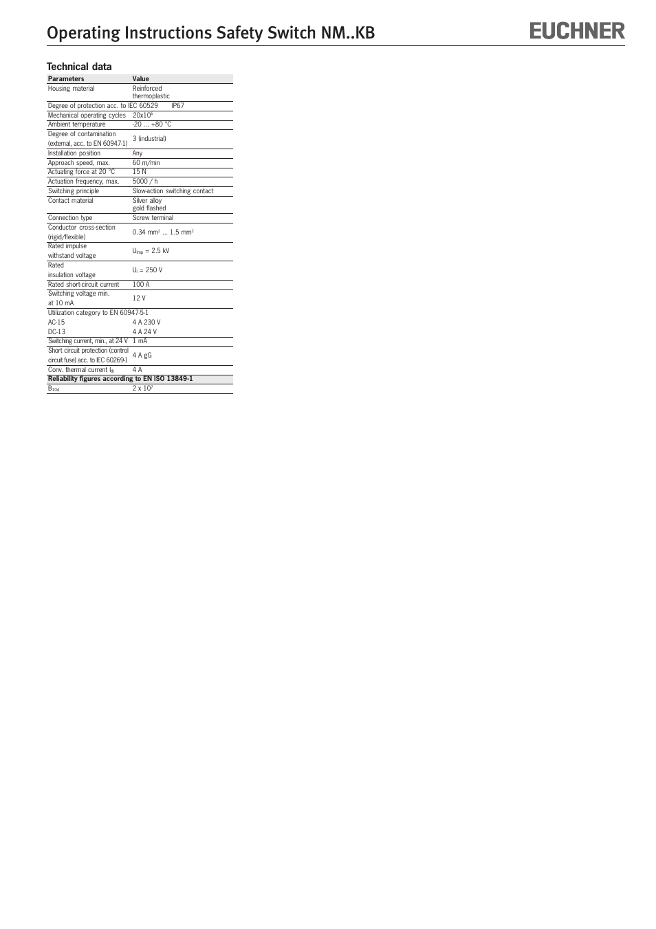 Operating instructions safety switch nm..kb, Technical data | EUCHNER NMxxKB User Manual | Page 6 / 12