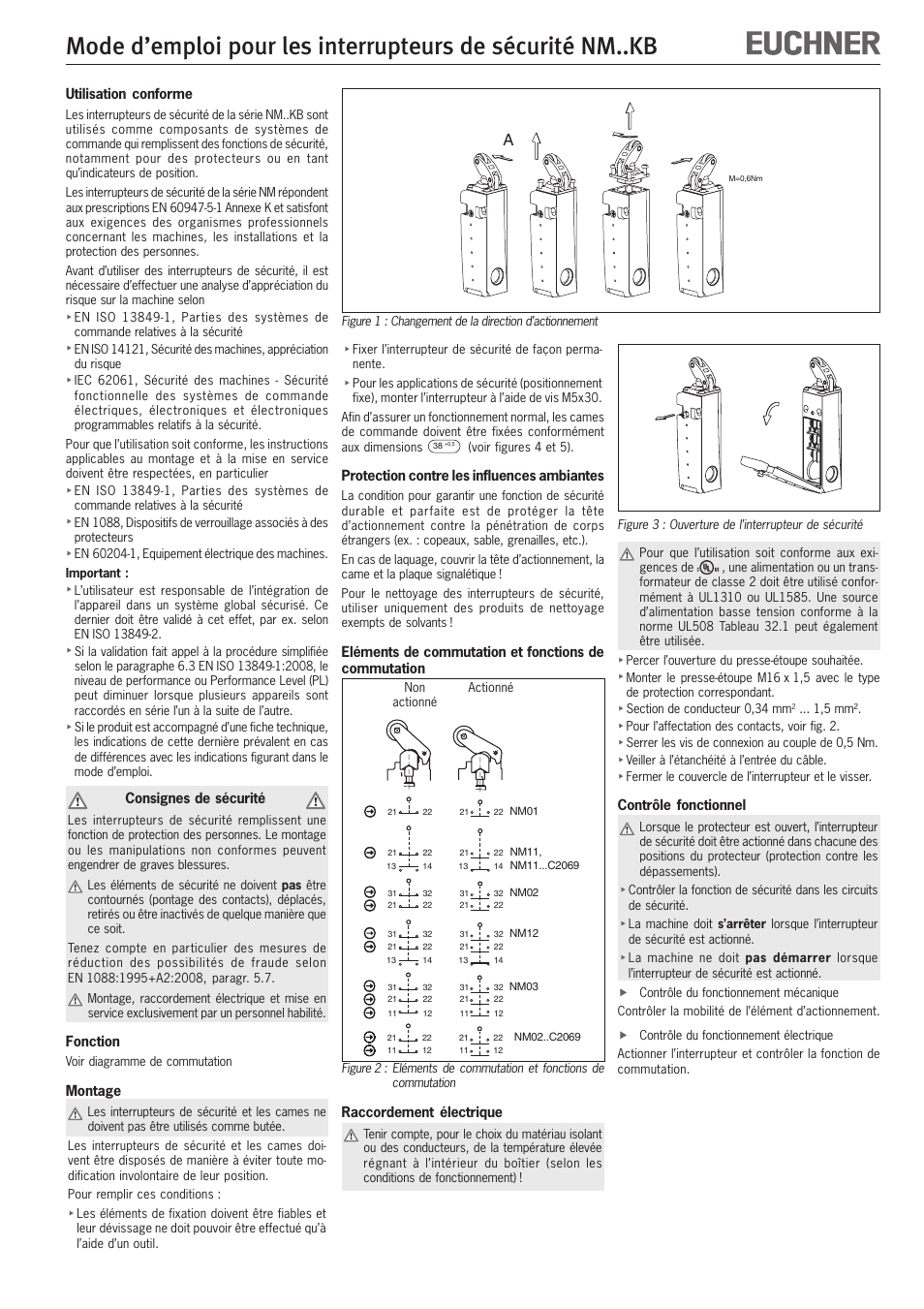 Utilisation conforme, Consignes de sécurité, Fonction | Montage, Protection contre les influences ambiantes, Raccordement électrique, Contrôle fonctionnel | EUCHNER NMxxKB User Manual | Page 7 / 12