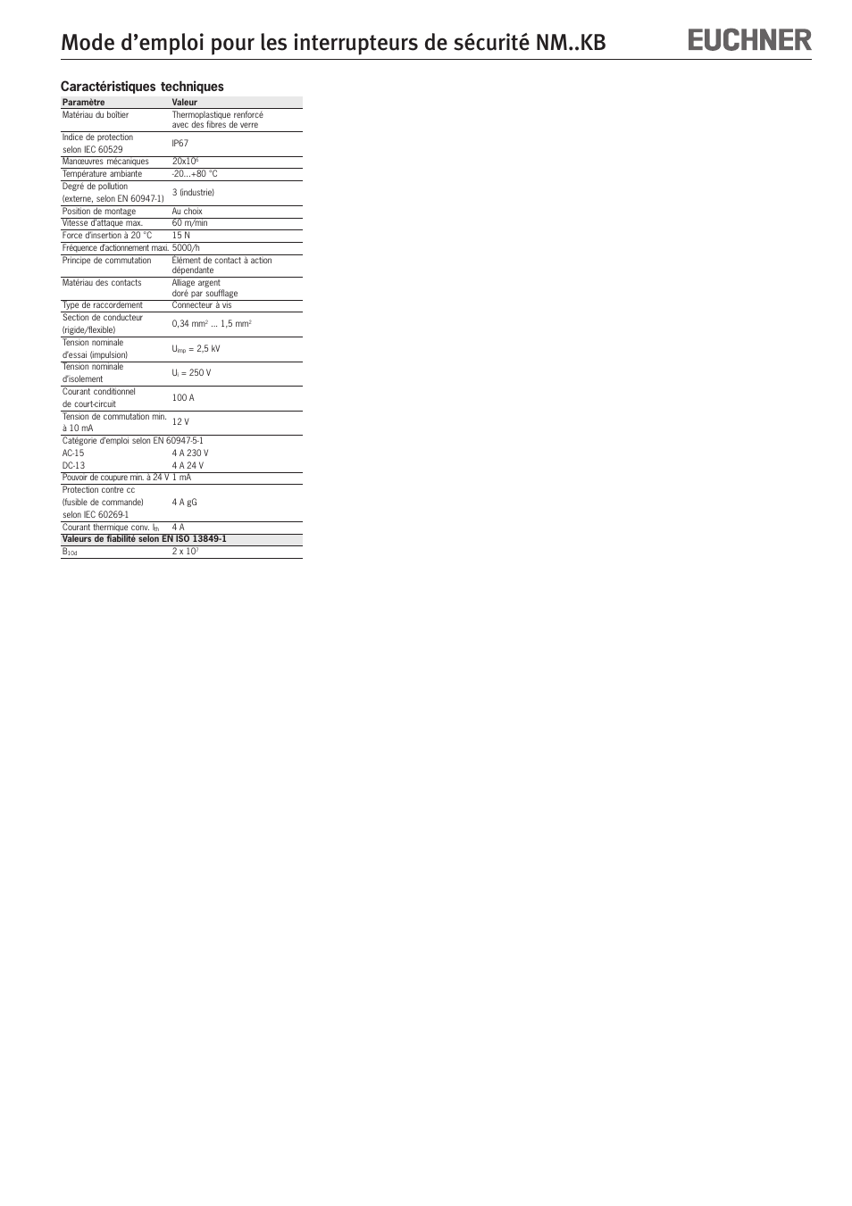 Caractéristiques techniques | EUCHNER NMxxKB User Manual | Page 9 / 12