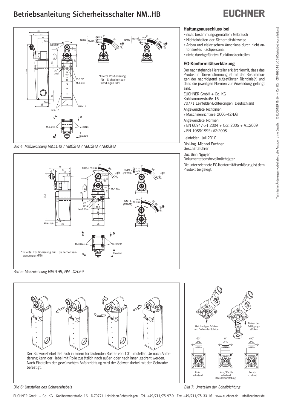 Betriebsanleitung sicherheitsschalter nm..hb, Haftungsausschluss bei, Eg-konformitätserklärung | EUCHNER NMxxHB User Manual | Page 2 / 12