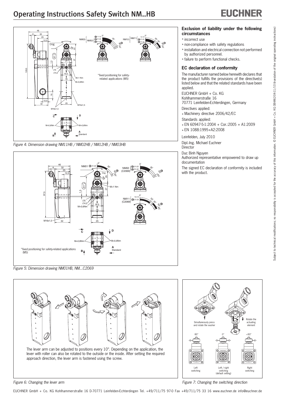 Operating instructions safety switch nm..hb, Ec declaration of conformity | EUCHNER NMxxHB User Manual | Page 5 / 12