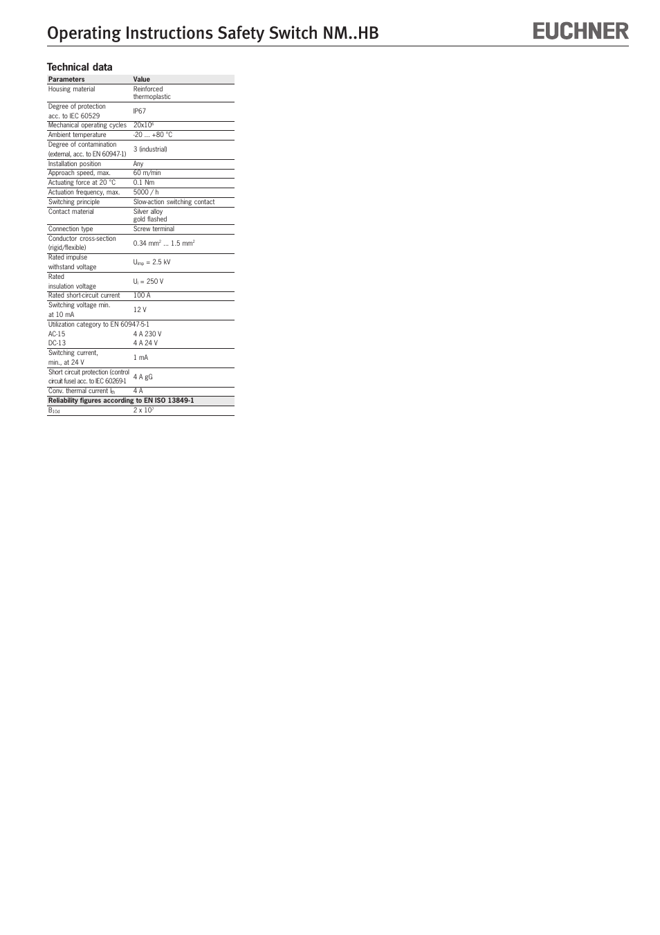 Operating instructions safety switch nm..hb, Technical data | EUCHNER NMxxHB User Manual | Page 6 / 12