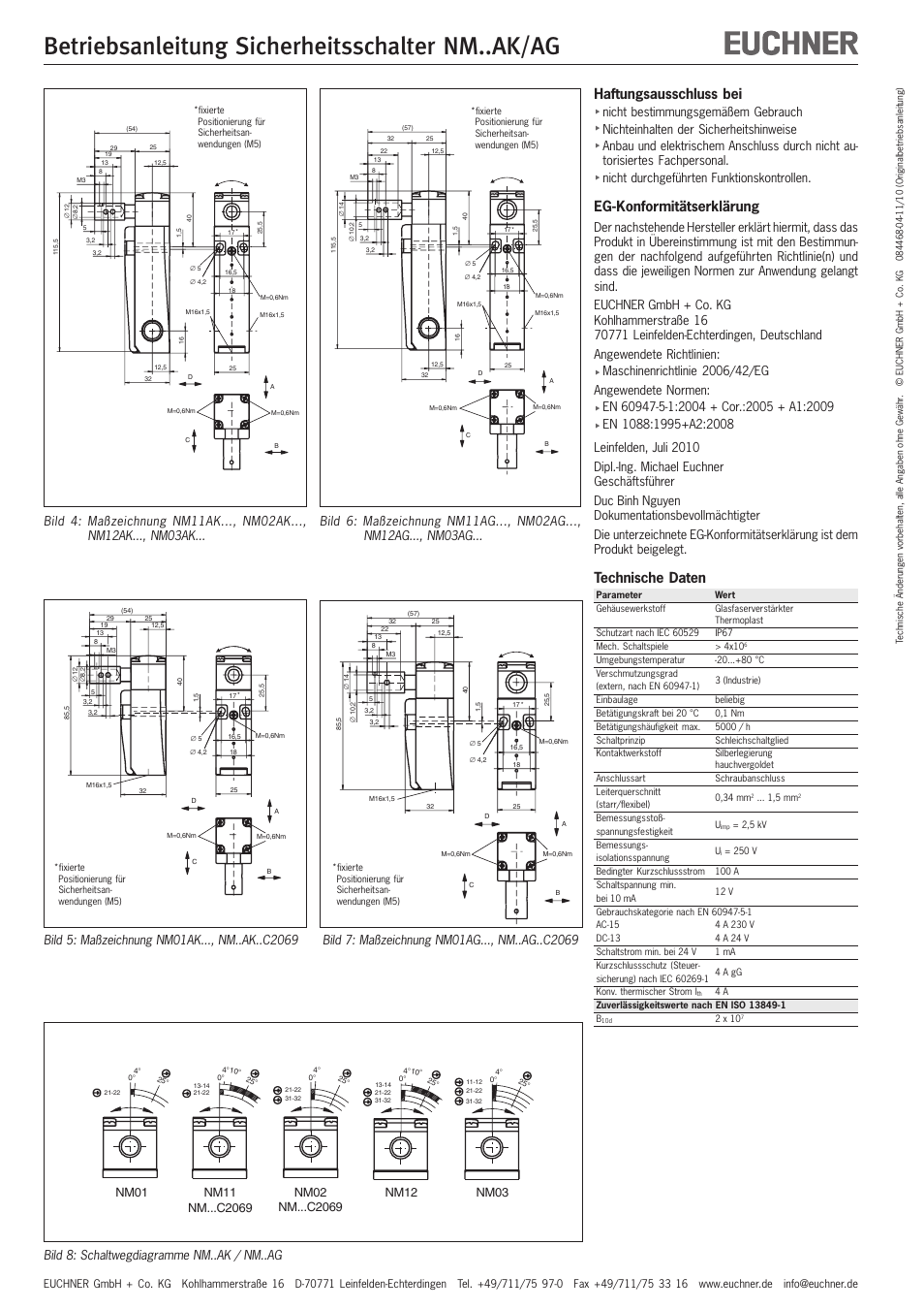 Betriebsanleitung sicherheitsschalter nm..ak/ag, Haftungsausschluss bei, Eg-konformitätserklärung | Technische daten, Nm01, Nm12, Nm03 | EUCHNER NMxxAK/AG User Manual | Page 2 / 8