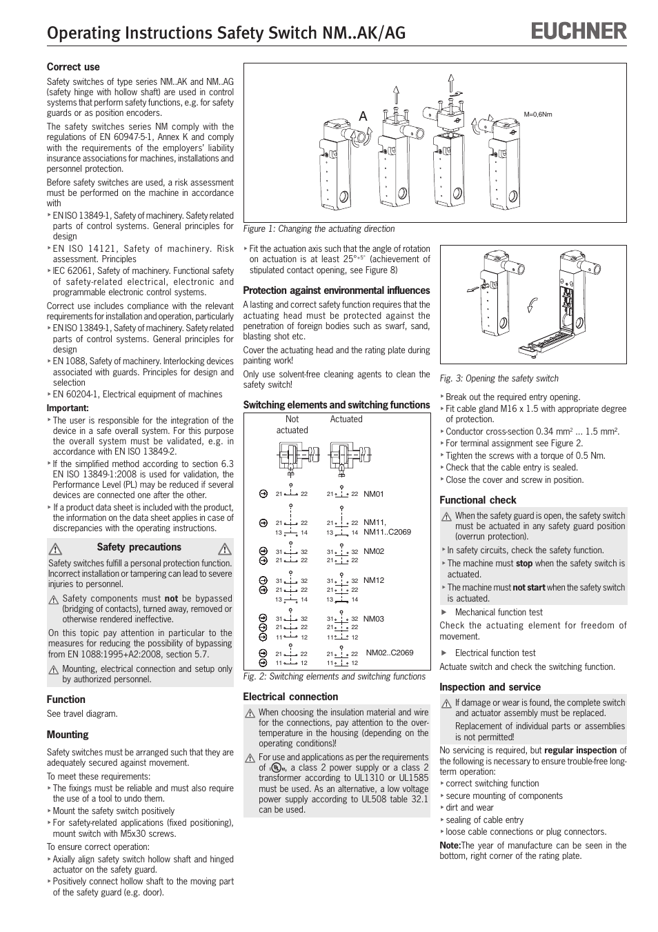 Operating instructions safety switch nm..ak/ag, Correct use, Safety precautions | Function, Mounting, Protection against environmental influences, Switching elements and switching functions, Electrical connection, Functional check, Inspection and service | EUCHNER NMxxAK/AG User Manual | Page 3 / 8