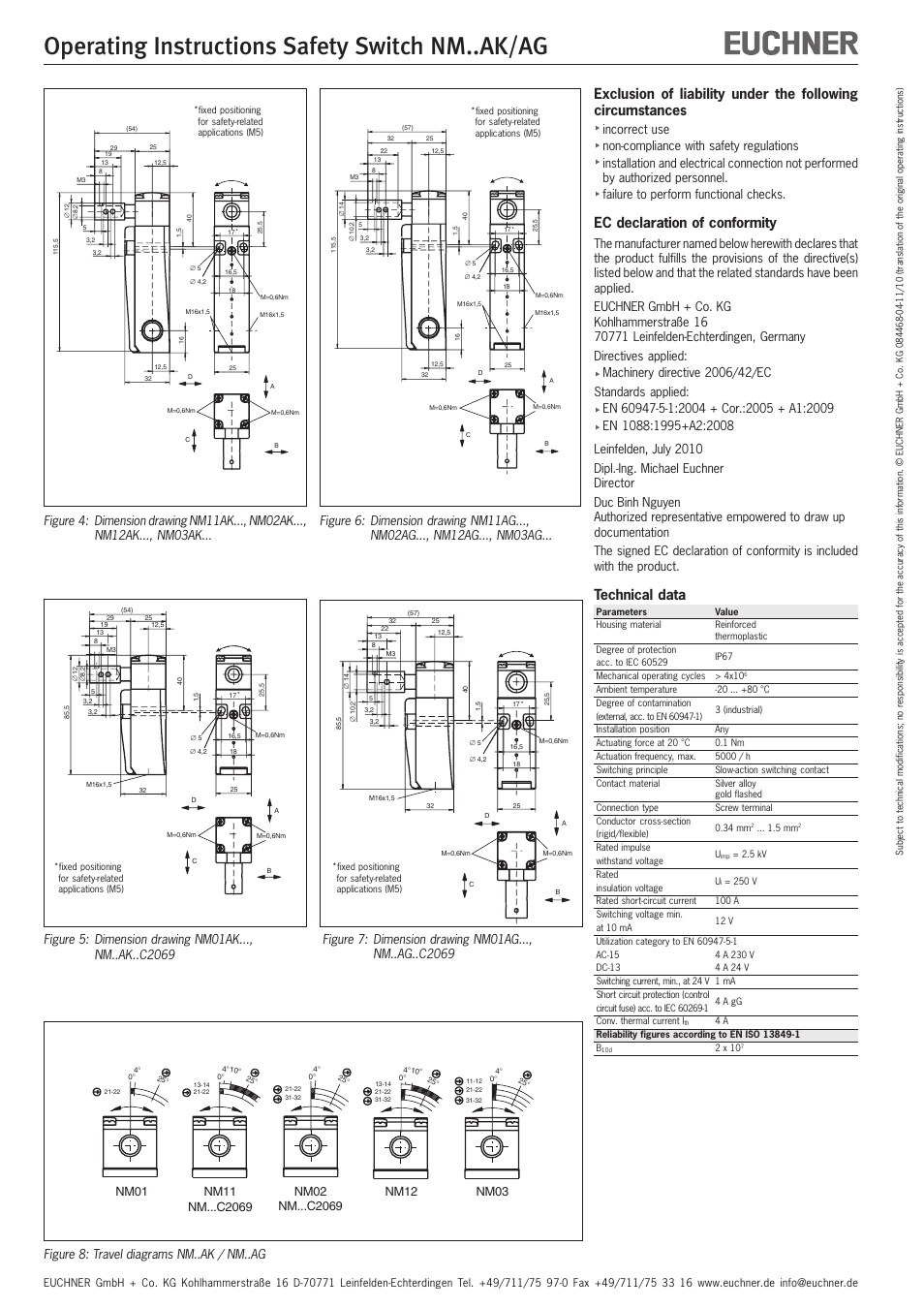 Operating instructions safety switch nm..ak/ag, Ec declaration of conformity, Technical data | Nm01, Nm12, Nm03 | EUCHNER NMxxAK/AG User Manual | Page 4 / 8