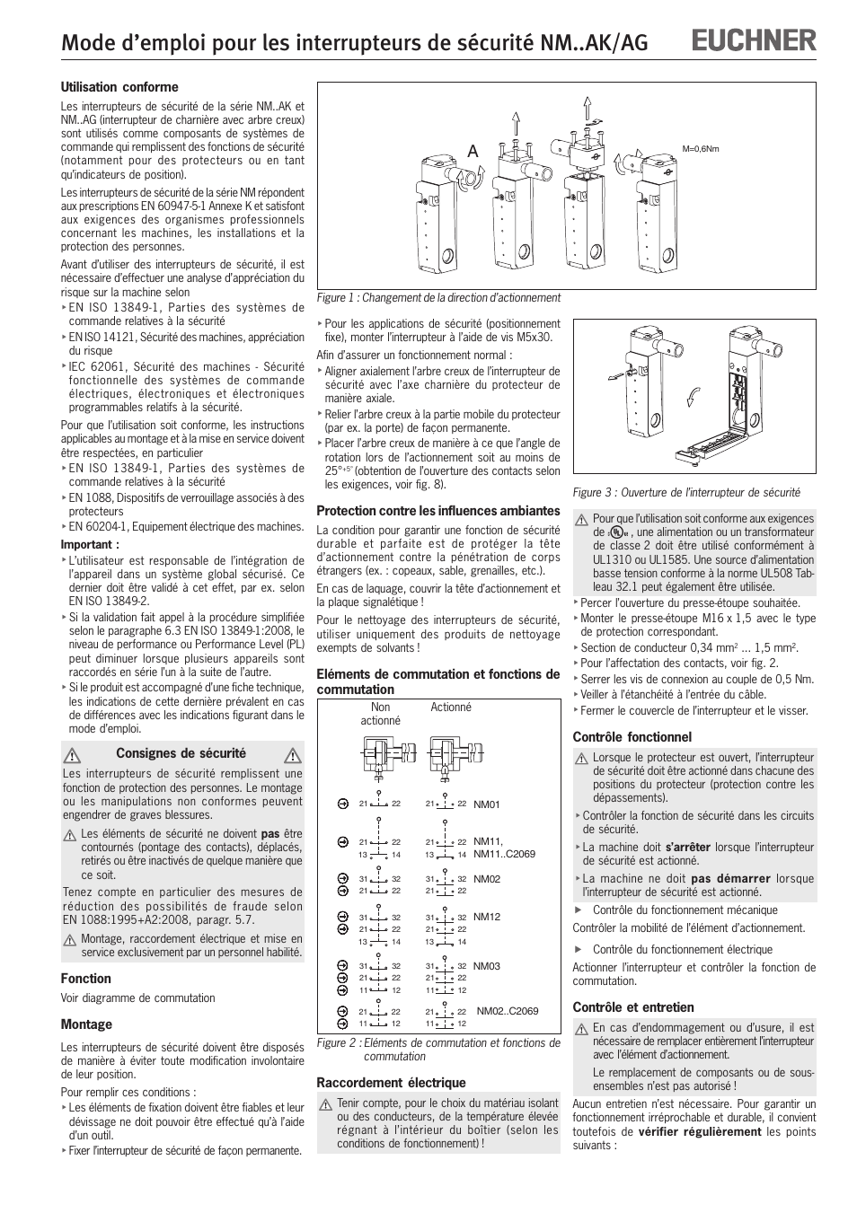 Utilisation conforme, Consignes de sécurité, Fonction | Montage, Protection contre les influences ambiantes, Raccordement électrique, Contrôle fonctionnel, Contrôle et entretien | EUCHNER NMxxAK/AG User Manual | Page 5 / 8