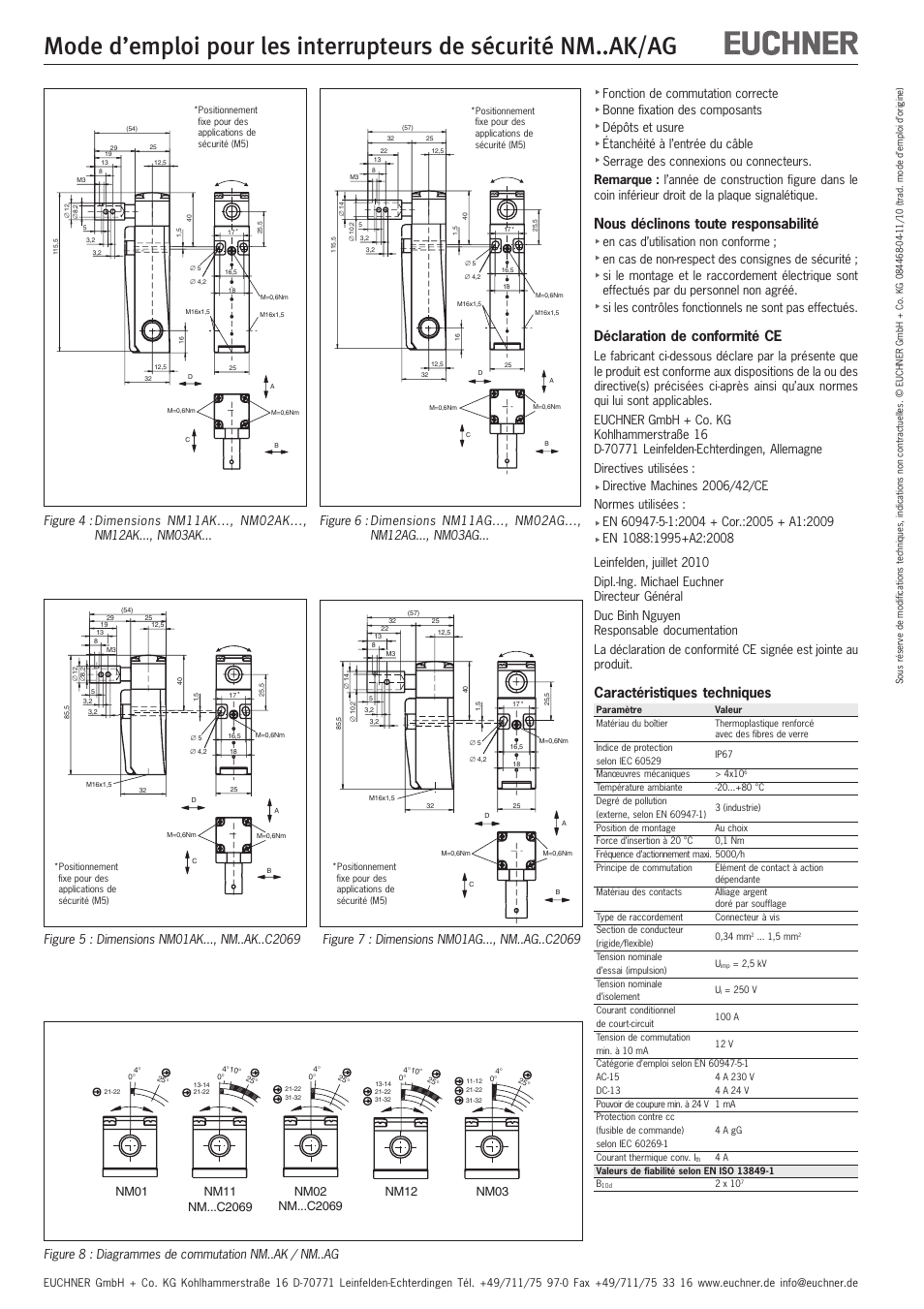 Nous déclinons toute responsabilité, Déclaration de conformité ce, Caractéristiques techniques | Nm01, Nm12, Nm03 | EUCHNER NMxxAK/AG User Manual | Page 6 / 8