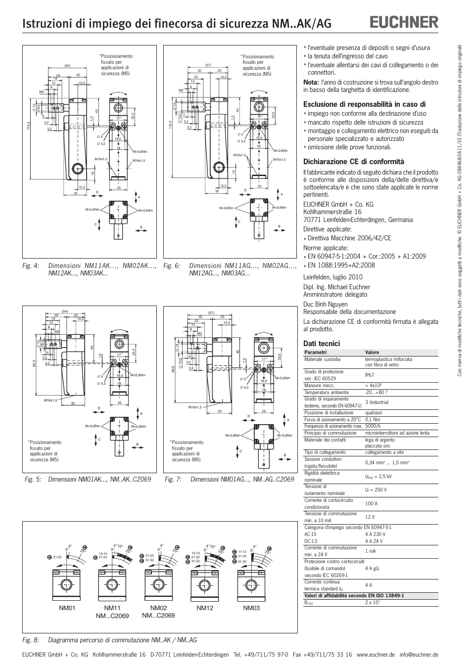 Esclusione di responsabilità in caso di, Dichiarazione ce di conformità, Dati tecnici | Nm01, Nm12, Nm03 | EUCHNER NMxxAK/AG User Manual | Page 8 / 8
