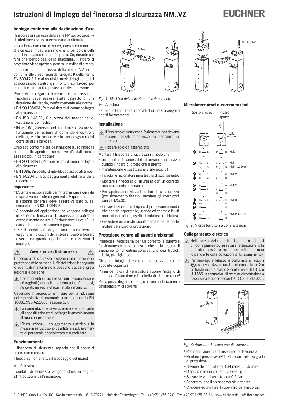Impiego conforme alla destinazione d’uso, Avvertenze di sicurezza, Funzionamento | Installazione, Protezione contro gli agenti ambientali, Microinterruttori e commutazioni, Collegamento elettrico | EUCHNER NMxxVZ User Manual | Page 10 / 15