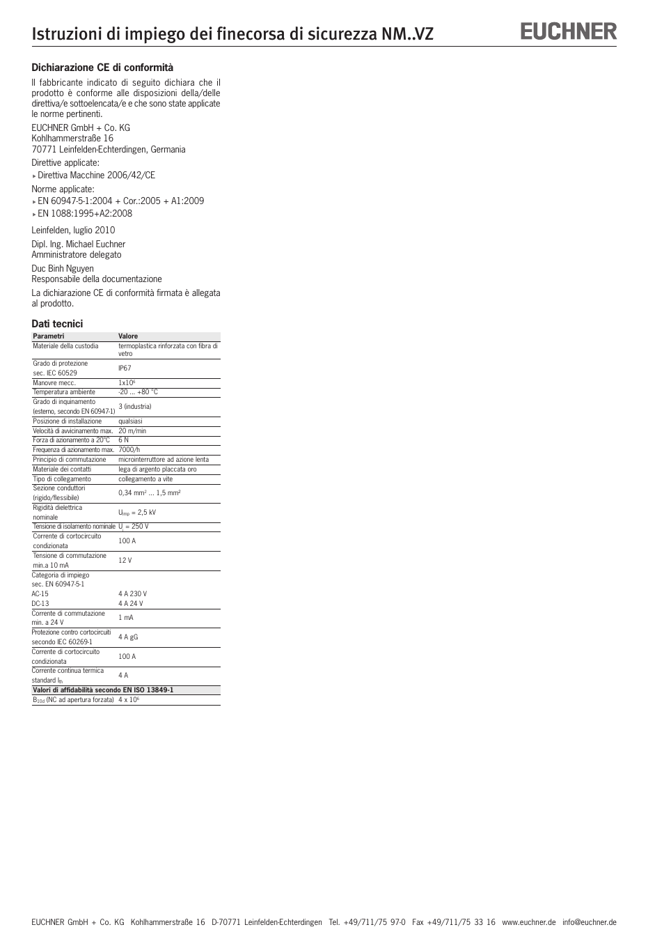 Dichiarazione ce di conformità, Dati tecnici | EUCHNER NMxxVZ User Manual | Page 12 / 15