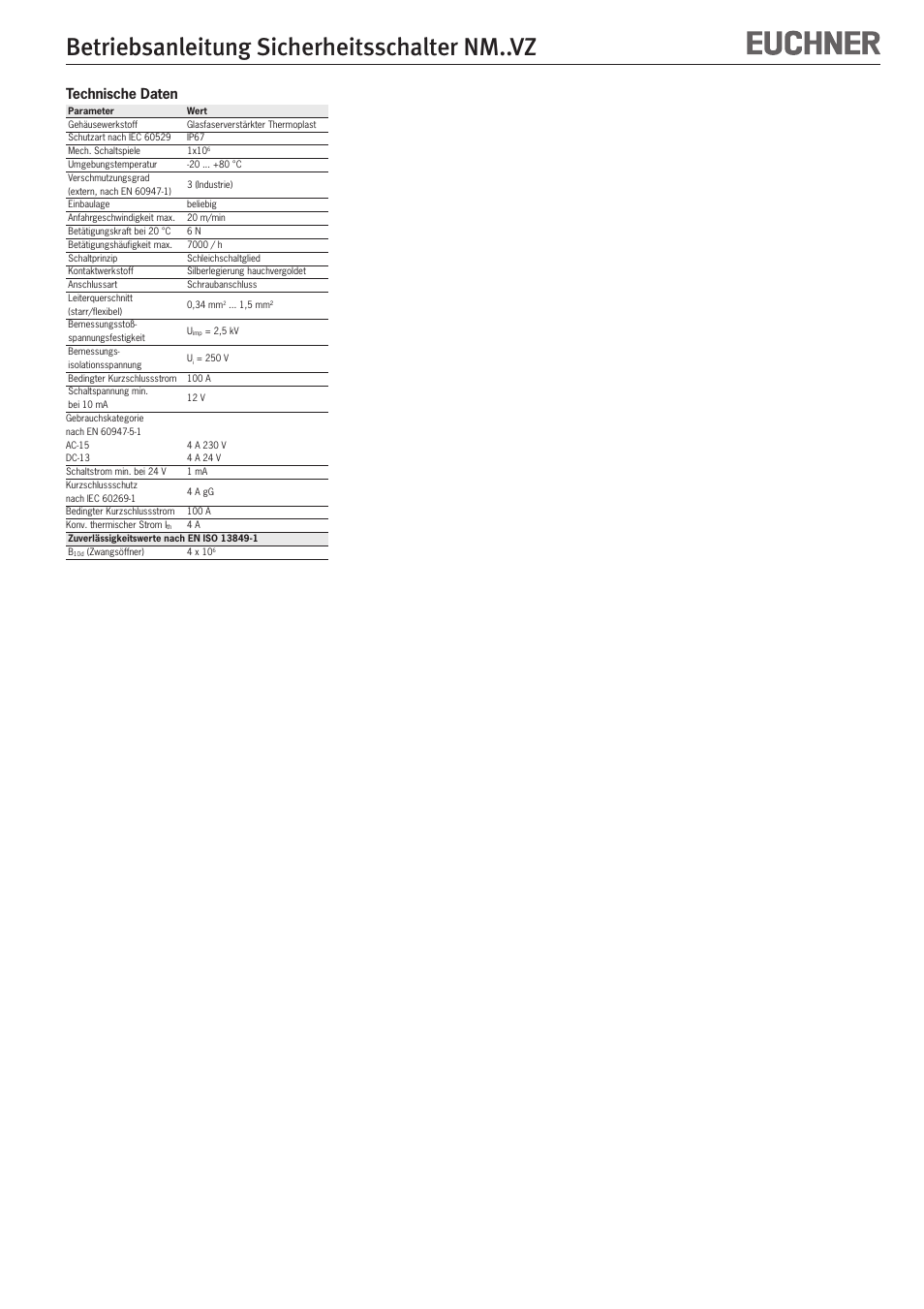 Betriebsanleitung sicherheitsschalter nm..vz, Technische daten | EUCHNER NMxxVZ User Manual | Page 3 / 15
