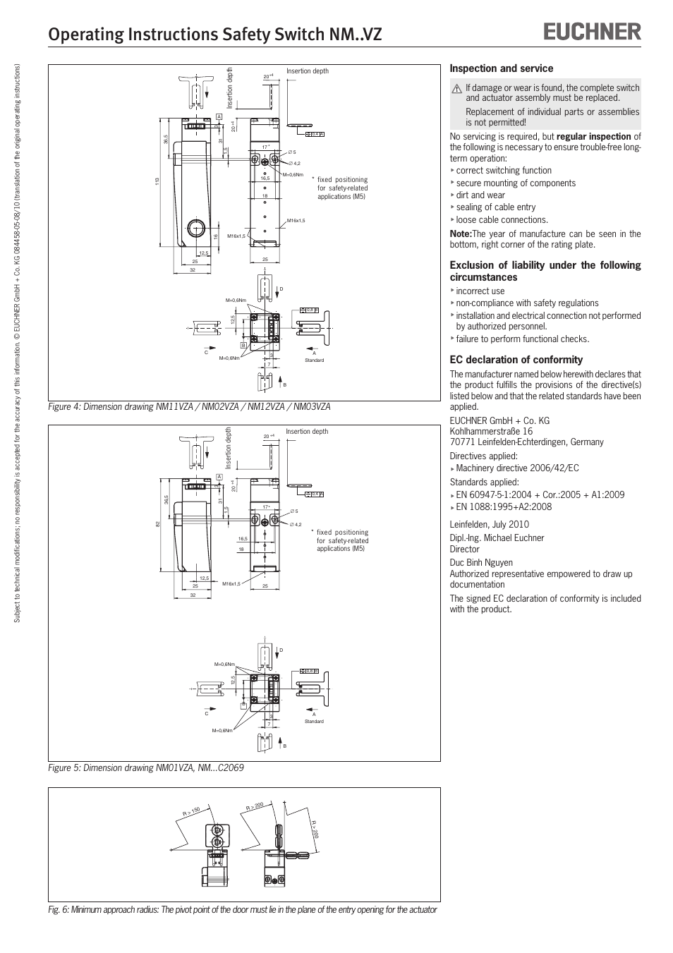 Operating instructions safety switch nm..vz, Inspection and service, Ec declaration of conformity | Correct switching function, Secure mounting of components, Dirt and wear, Sealing of cable entry, Incorrect use, Non-compliance with safety regulations, Failure to perform functional checks | EUCHNER NMxxVZ User Manual | Page 5 / 15